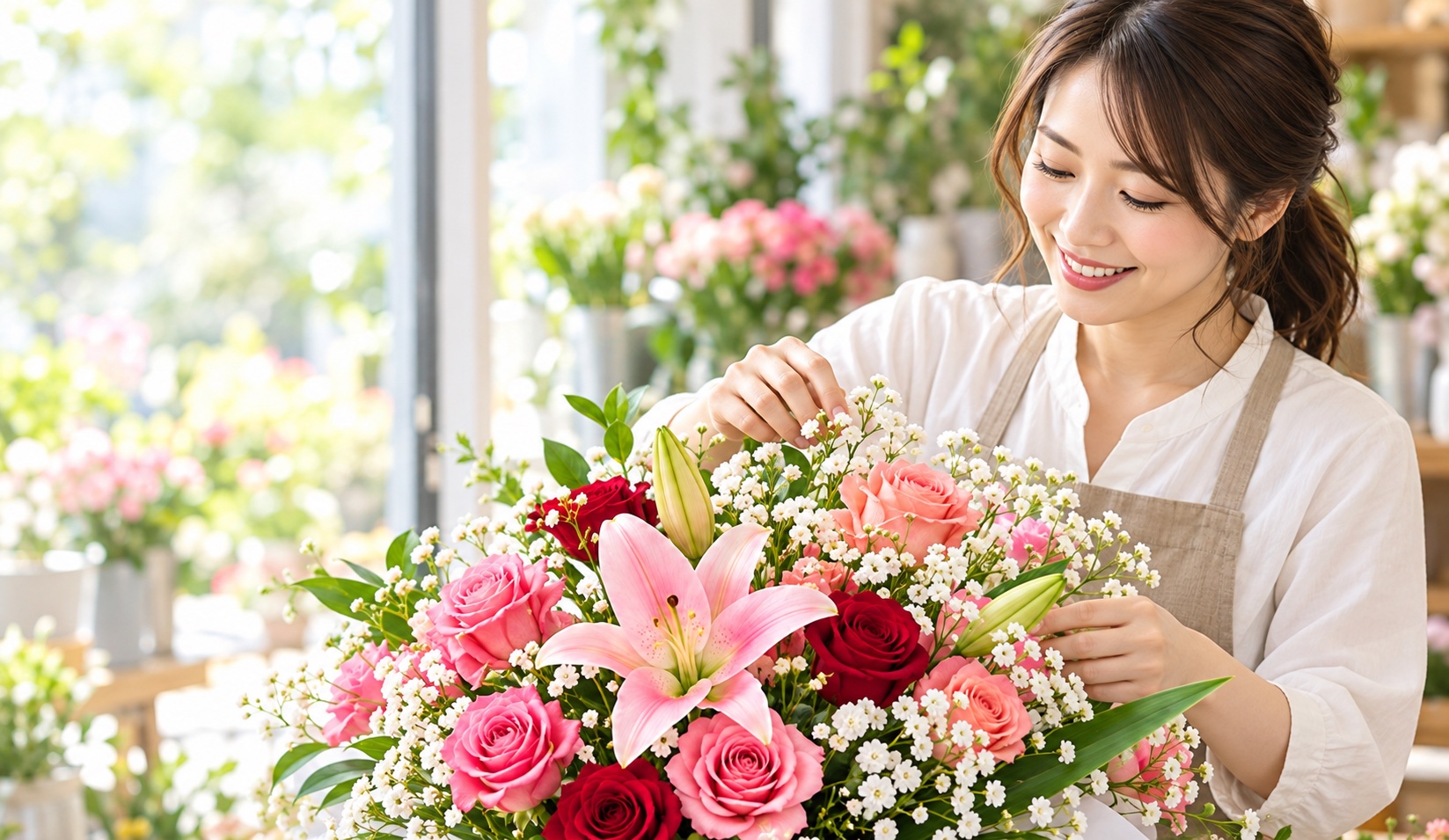 花を束ねる花の南福花園のスタッフ